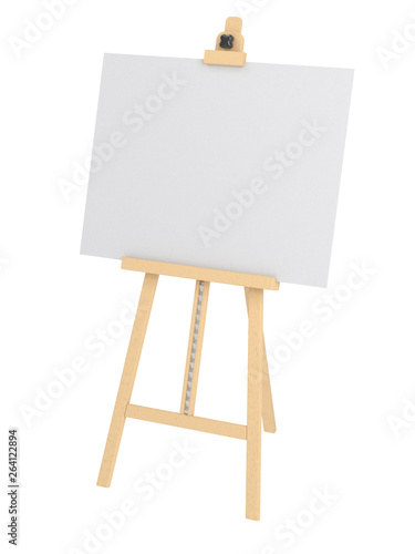Empty easel with empty whiteboard (magnetic board) isolated on white. Mockup template - 3D rendering 
