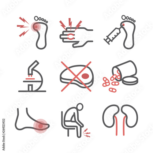 Gout line icons. Symptoms, Treatment. Vector signs for web graphics.