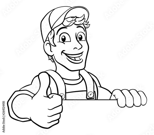 A handyman cartoon character caretaker construction man peeking over a sign and giving a thumbs up