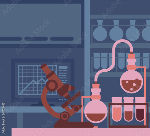 A scientist working in a scientific laboratory with microscope and other science lab equipment
