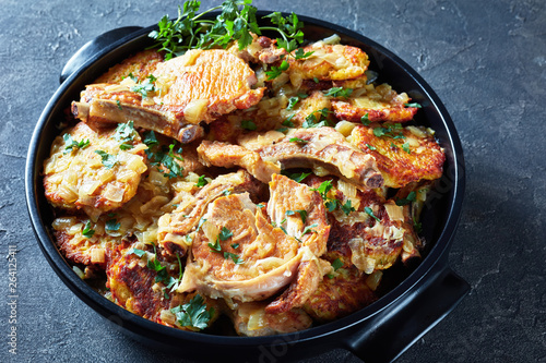 Fotografie pork chops on bone and hash brown stew