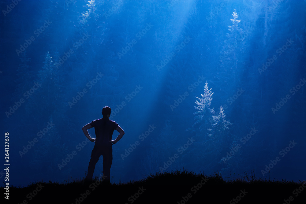Silhouette of man in misty forest
