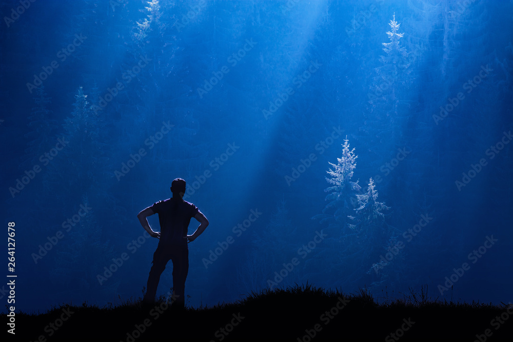 Silhouette of man in misty forest Silhouette of man in misty forest
