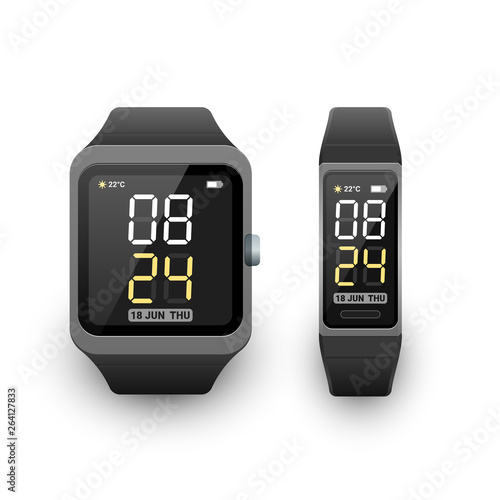Smart watch and fitness band, activity tracker or sport bracelet with digital clock app on screen. Vector illustration on white background