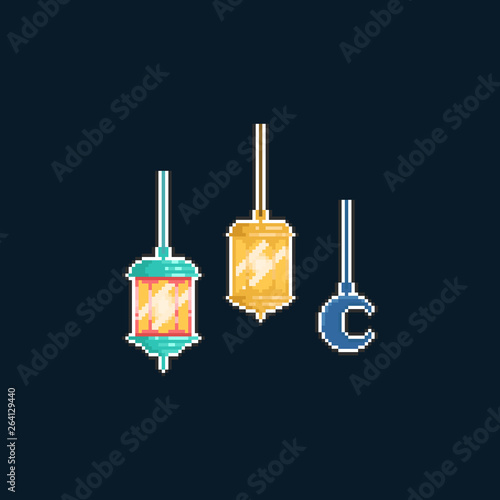 Set of pixel cartoon ramadan lantern.8bit.