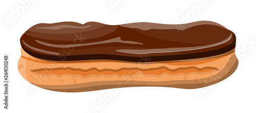 Eclair brewing cake. Sweet eclair with chocolate glaze and custard cream. Tasty dessert. Bread baked food. Bakery shop, pastry. Vector illustration in flat style