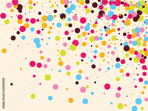 Festive background with multicolored confetti. Yellow, pink, blue circles but against a white background. Flying confetti.
