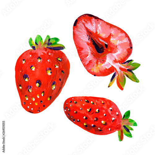 Gouache strawberries and half of the strawberry. Hand-drawn clipart for art work and weddind design.