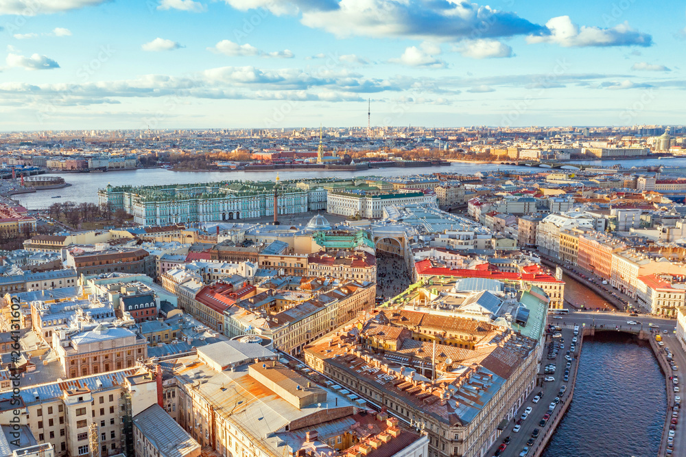 Moika River in St. Petersburg, view of Hermitage Palace Square, Peter and Paul Fortress.