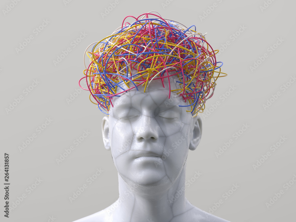 artificial man with wires instead of hair