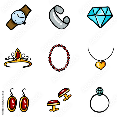 Vector Set of Color Cartoon Doodle Jewelry Icons