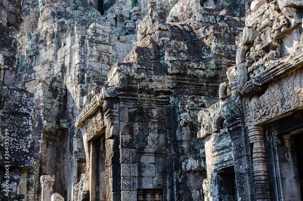 Decoration Detail of Bayon Temple in Angkor Thom is The Heritage of Khmer Empire at Siem Reap Province, Cambodia.
