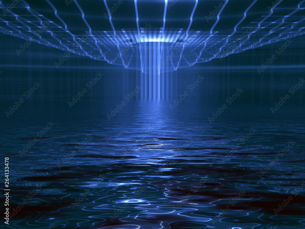 Naklejka premium Futuristic abstract techno water surface landscape. Transfer of energy and information.