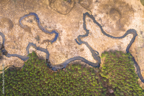 Obraz na płótnie Aerial drone view, the bend of the river with sandy stretches. w salonie