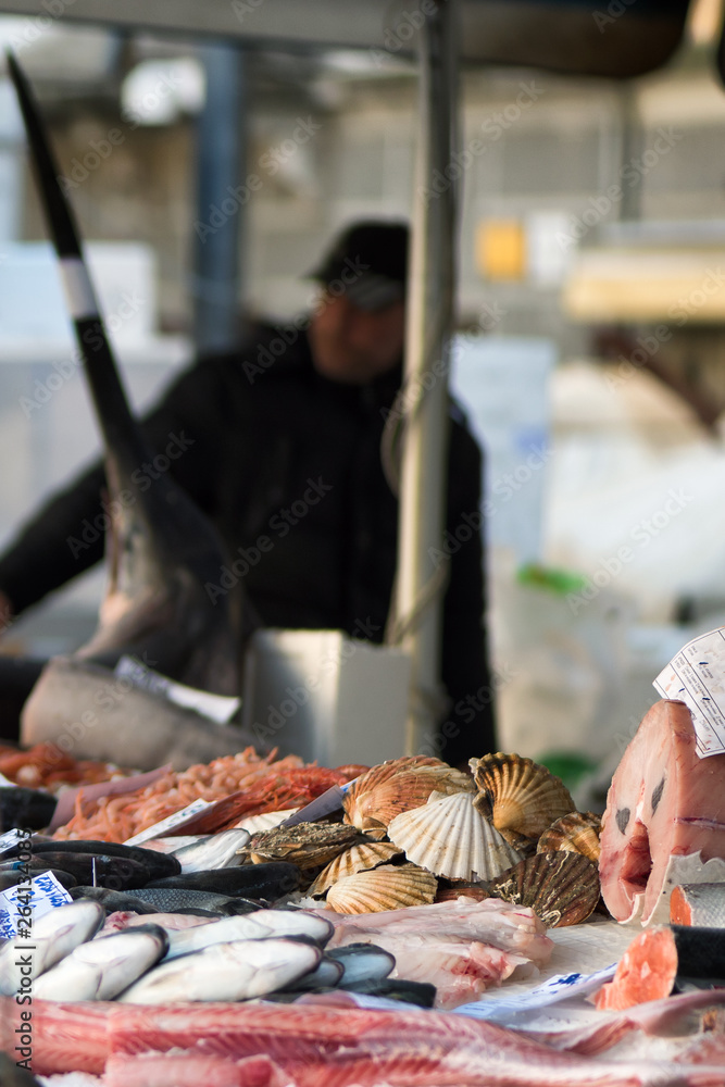 Italian open air seafood market. Udine city, Friuli Venezia Giulia region, Italy.