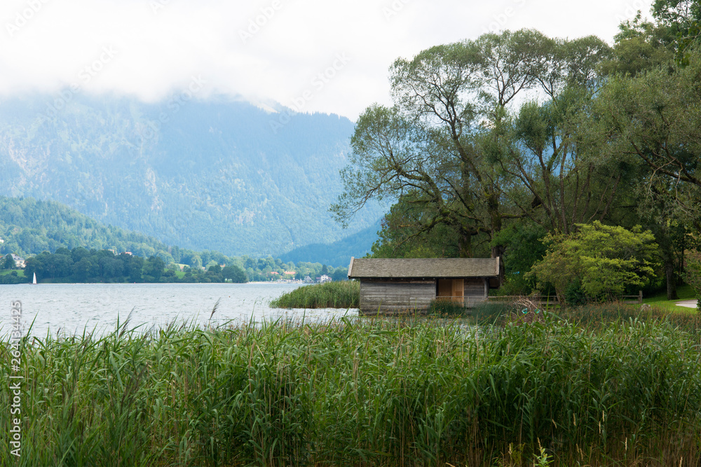View of a Boat House at Lake Tegernsee in Germany on a Cloudy Summer Day