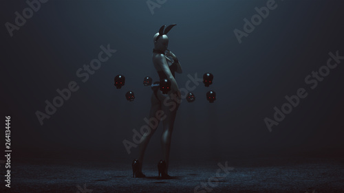 Εκτύπωση καμβά Demon Vampire Bunny Girl in Black Latex and Fishnets and Floating Skulls 3d illu