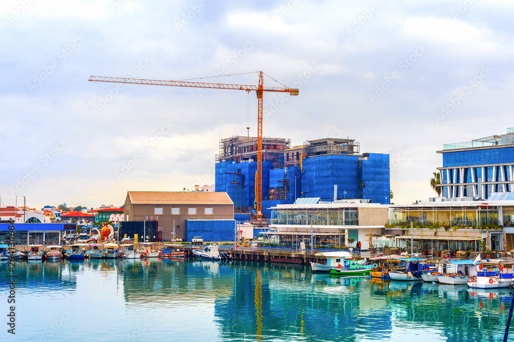 Construction site, boats, waterfront, Cyprus Construction site, boats, waterfront, Cyprus