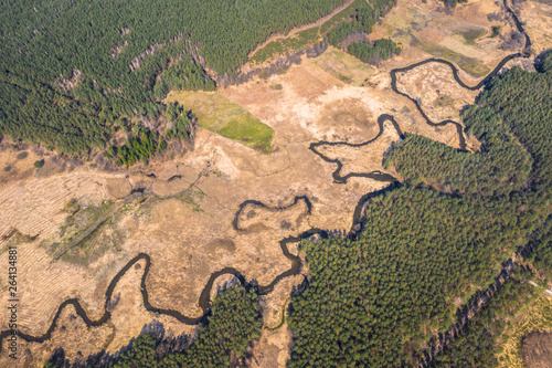 Obraz na płótnie Aerial drone view, the bend of the river with sandy stretches. w salonie