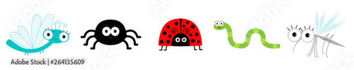 Insect set line. Ladybug, dragonfly, mosquito, spider and worm. Cute cartoon kawaii funny character. Flat design. White background. Isolated.