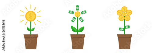 Growing money tree shining coin with dollar sign set line. Plant in the pot. Financial growth concept. Successful business icon. Flat design. Isolated. White background.
