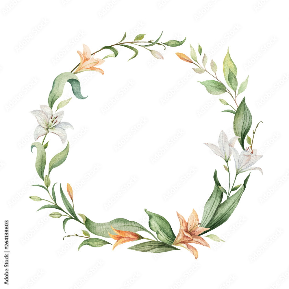 Watercolor vector wreath of orange Lily flowers and green leaves.