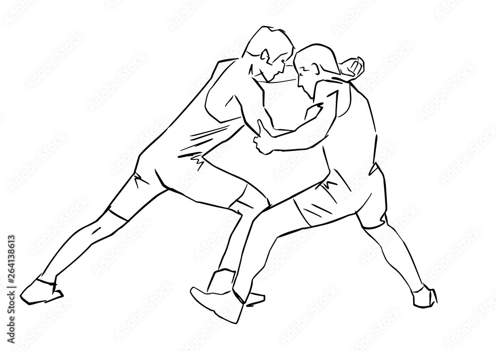 Greco-Roman wrestling. Black isolated contour. Fight of two wrestlers ...