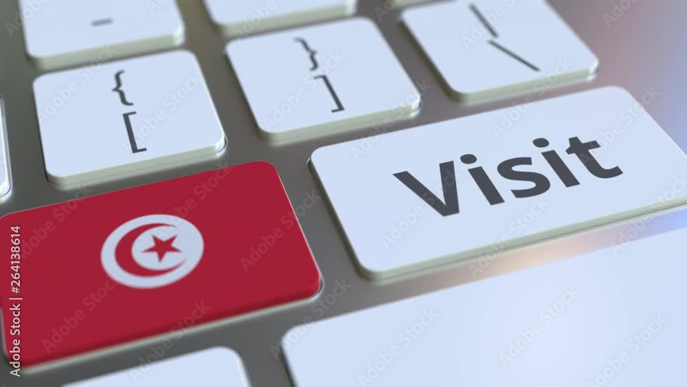 VISIT text and flag of Tunisia on the buttons on the computer keyboard. Conceptual 3D animation VISIT text and flag of Tunisia on the buttons on the computer keyboard. Conceptual 3D animation