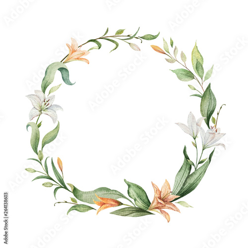 Watercolor vector wreath of orange Lily flowers and green leaves.