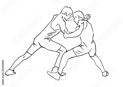 Greco-Roman wrestling. Black isolated contour. Fight of two wrestlers. Outlines of athletes in active poses. Sports competition or training. Vector silhouettes.