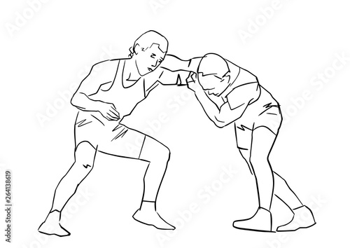 Greco-Roman wrestling. Black isolated contour. Fight of two wrestlers. Outlines of athletes in active poses. Sports competition or training. Vector silhouettes.