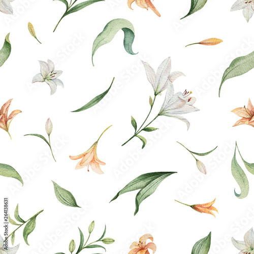 Watercolor vector seamless pattern of Lily flowers and green leaves.