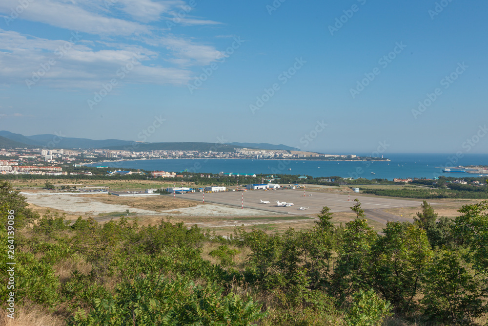Gelendzhik bay and airport. Landscape and seascape view on sea and town. Gelendzhik, Russia