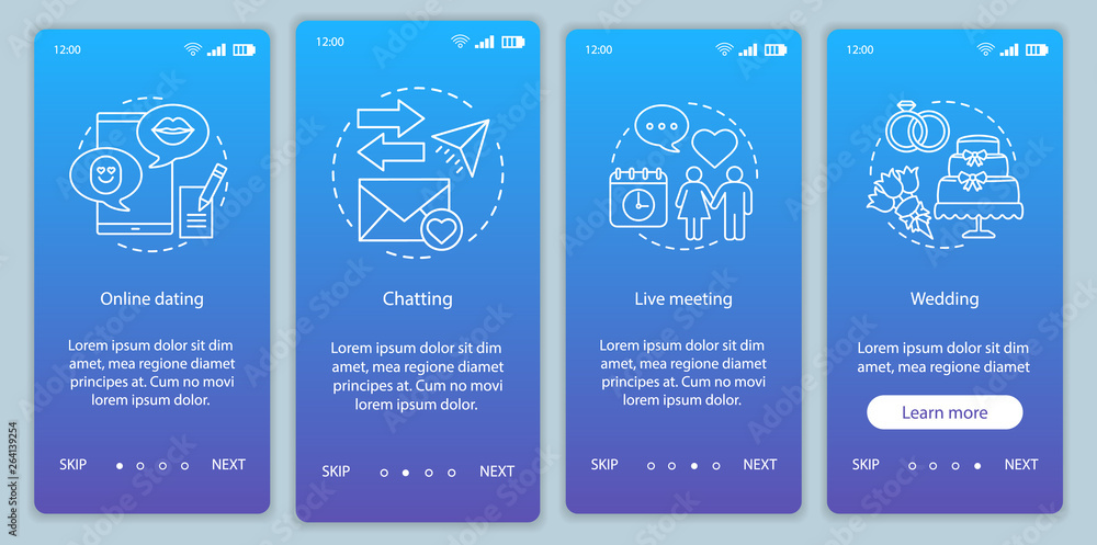 Online dating onboarding mobile app screen vector template