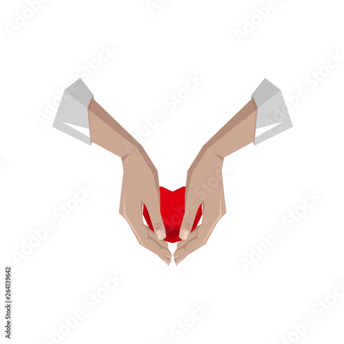 Heart in hand symbol, sign, icon, logo template for charity, health, voluntary, non profit organization, isolated on white background, vector illustration