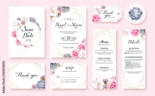 Floral Wedding Invitation card, save the date, thank you, rsvp, table label, menu, details, tage template. Vector. Pink and White Rose flower, Succulent plants.