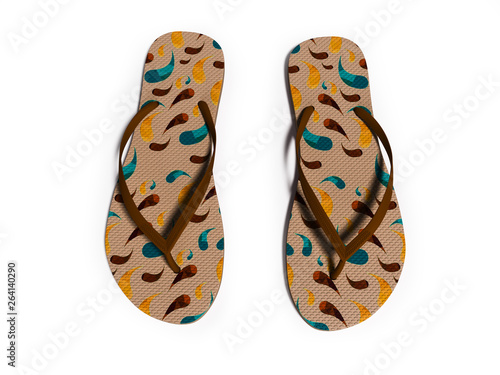 Modern men's beach slippers with blots 3D render on white background with shadow