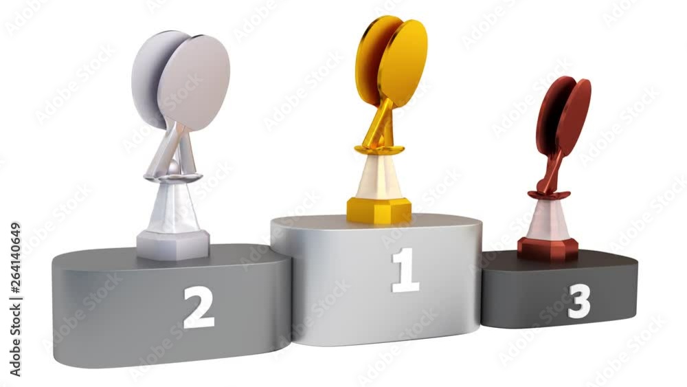 View of Table Tennis Gold Silver and Bronze Trophies in Infinite Rotation on a podium View of Table Tennis Gold Silver and Bronze Trophies in Infinite Rotation on a podium