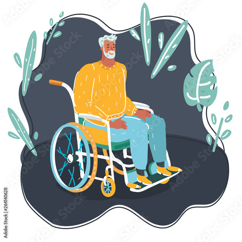Young woman social worker strolling with elder grey haired man in wheelchair. Flat style vector illustration isolated on white background.