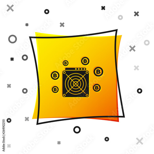 Black ASIC Miner icon isolated on white background. Cryptocurrency mining equipment and hardware. Application specific integrated circuit. Yellow square button. Vector Illustration