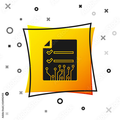 Black Smart contract icon isolated on white background. Blockchain technology, cryptocurrency mining, bitcoin, altcoins, digital money market. Yellow square button. Vector Illustration