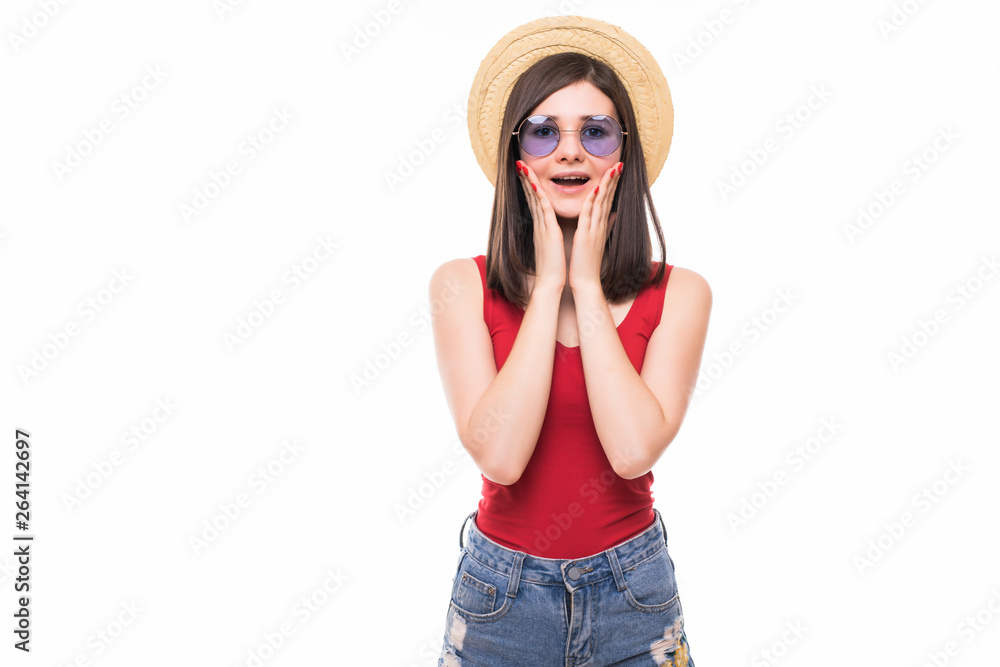 Portrait of shocked woman in straw summer hat, orange glasses put hands on face, copy space isolated on white background. People sincere emotions, lifestyle concept. Advertising area Portrait of shocked woman in straw summer hat, orange glasses put hands on face, copy space isolated on white background. People sincere emotions, lifestyle concept. Advertising area