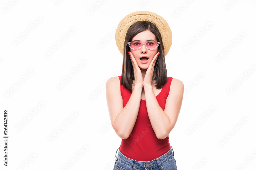 Portrait of shocked woman in straw summer hat, orange glasses put hands on face, copy space isolated on white background. People sincere emotions, lifestyle concept. Advertising area Portrait of shocked woman in straw summer hat, orange glasses put hands on face, copy space isolated on white background. People sincere emotions, lifestyle concept. Advertising area