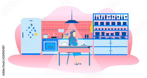 Single Woman in Kitchen Evening Lifestyle Cartoon
