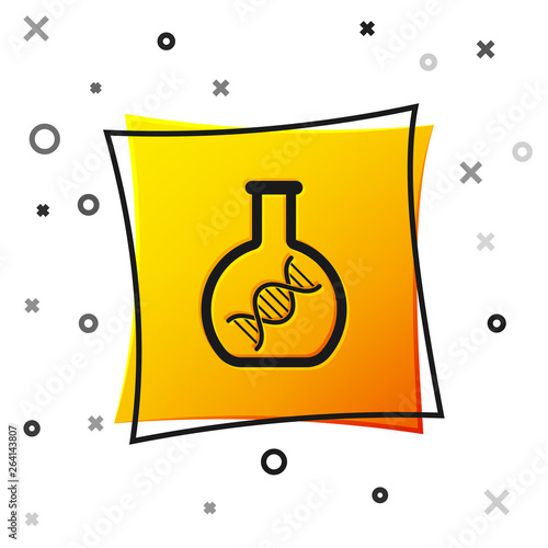 Black DNA research, search icon isolated on white background. Genetic engineering, genetics testing, cloning, paternity testing. Yellow square button. Vector Illustration