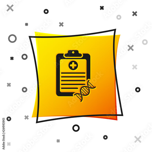 Black Clipboard with DNA analysis icon isolated on white background. Genetic engineering, genetics testing, cloning, paternity testing. Yellow square button. Vector Illustration