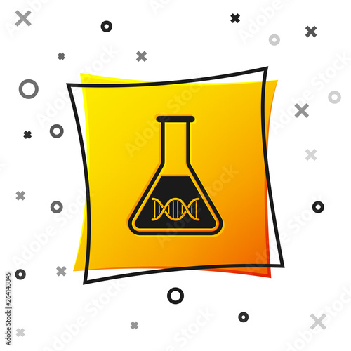 Black DNA research, search icon isolated on white background. Genetic engineering, genetics testing, cloning, paternity testing. Yellow square button. Vector Illustration