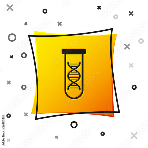 Black DNA research, search icon isolated on white background. Genetic engineering, genetics testing, cloning, paternity testing. Yellow square button. Vector Illustration
