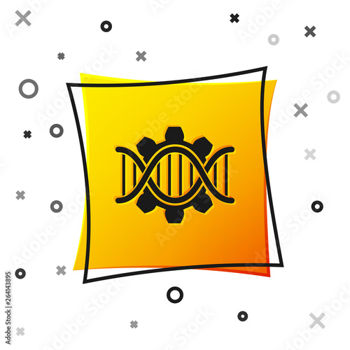 Black Genetic engineering icon isolated on white background. DNA analysis, genetics testing, cloning, paternity testing. Yellow square button. Vector Illustration