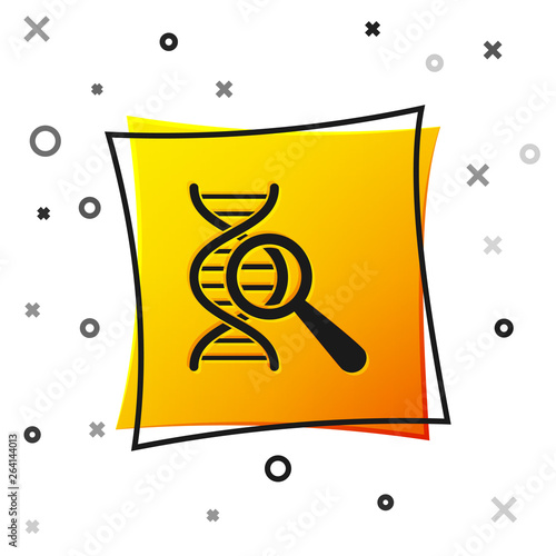 Black DNA research, search icon isolated on white background. Magnifying glass and dna chain. Genetic engineering, cloning, paternity testing. Yellow square button. Vector Illustration